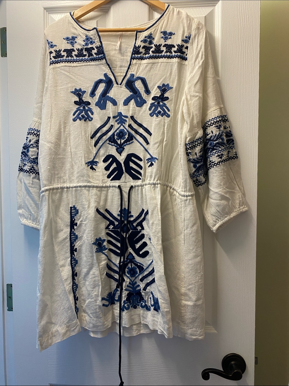Free People White Tunic Dress with Blue Embroidery